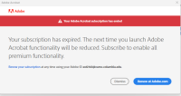 A red-titled notice window from Adobe, informing that a subscription has expired